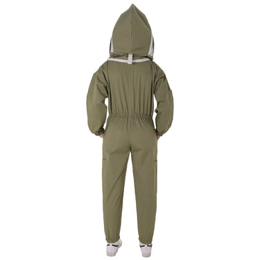 A child's hooded jumpsuit in olive green, shown from the back on a white background. The jumpsuit features a hood with a light gray trim, a drawstring waist, and side pockets.