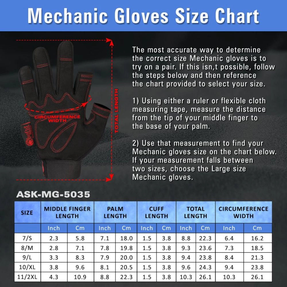 Fingerless mechanics gloves size chart